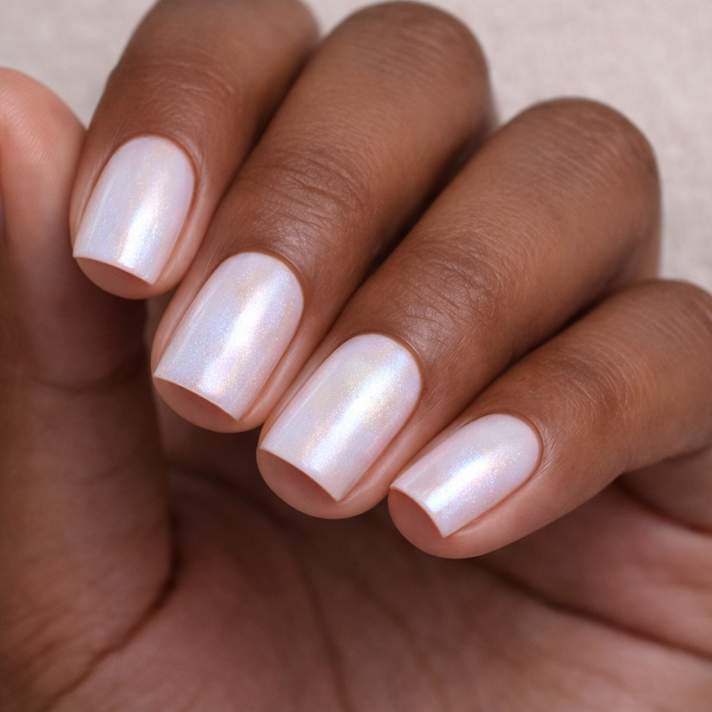 Vernis Semi-Permanent E112 – Milky Shimmer / Blanc Nacré Irisé – UV/LED (10ml)