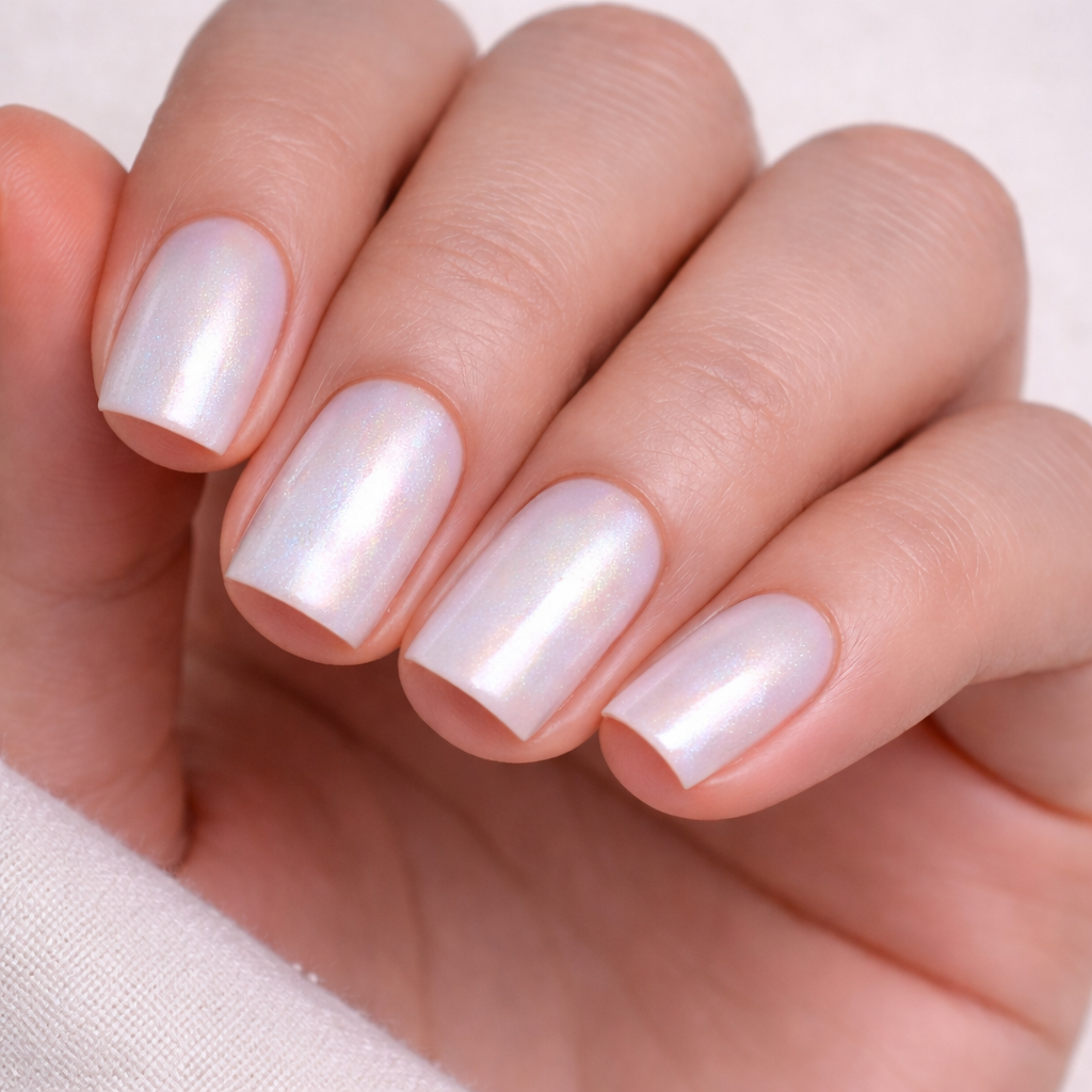 Vernis Semi-Permanent E112 – Milky Shimmer / Blanc Nacré Irisé – UV/LED (10ml)