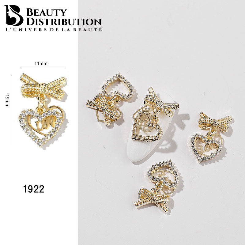 3 Bijoux d'Ongles "Amour Coquette" Strass 1922  Nœud & Cœur Pendant LOVE