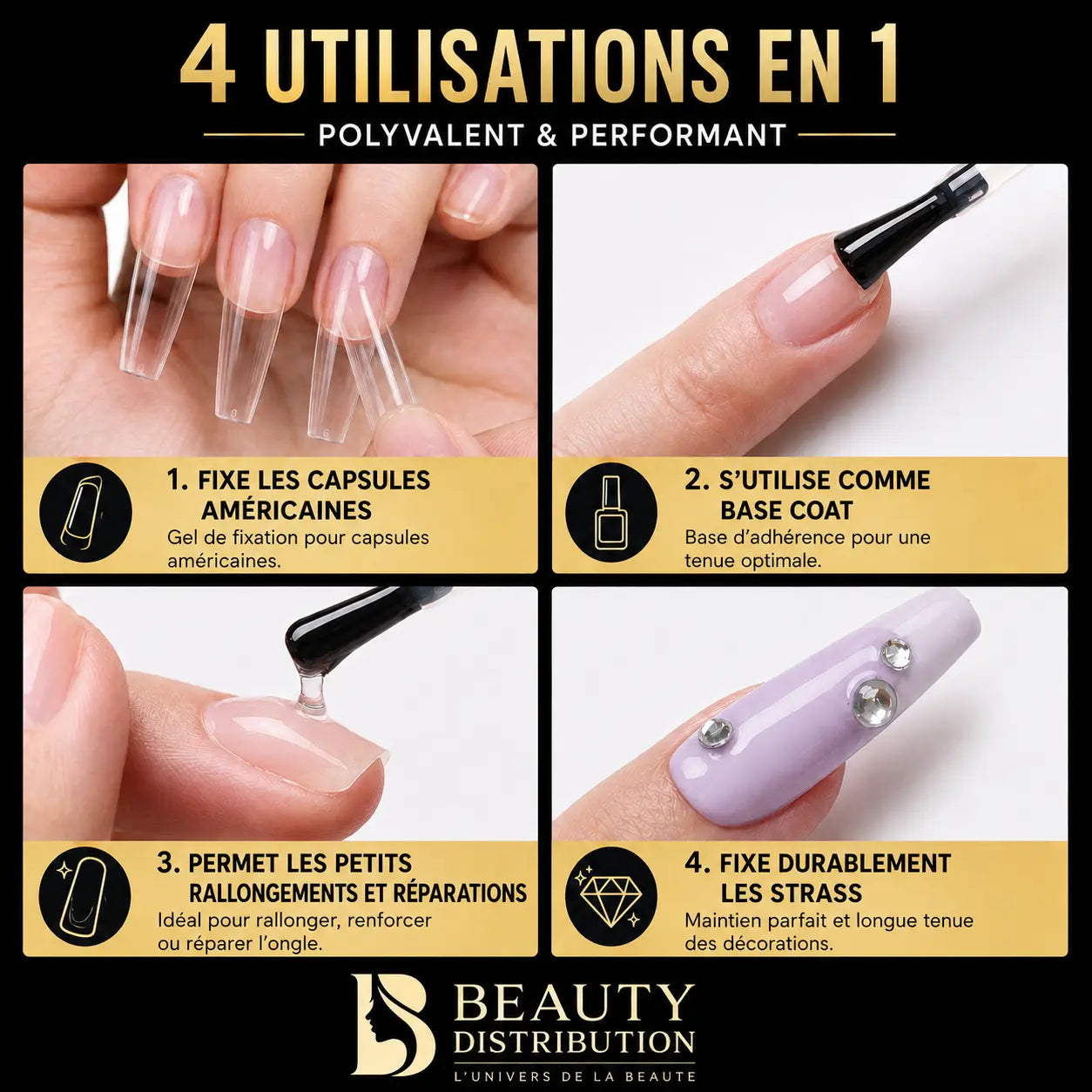 Gel Colle Capsules Américaines UV/LED 4-en-1 – Nail Glue Gel 15 ml Beauty Distribution