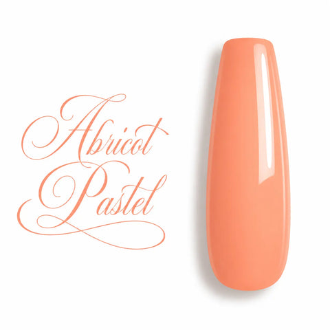 Capsule d’ongle ballerine longue couleur Abricot Pastel, finition ultra brillante et crémeuse, présentée sur fond blanc avec texte calligraphique élégant, nuancier professionnel de vernis semi-permanent et gel UV Beauty Distribution.