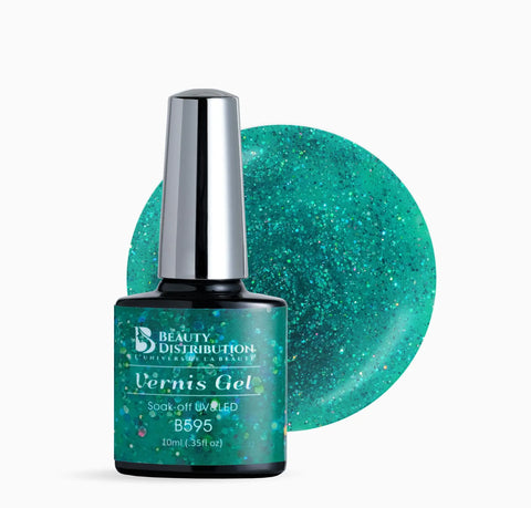 Vernis Semi-Permanent B595 – Turquoise Étincelant & Pailleté - Beauty Distribution