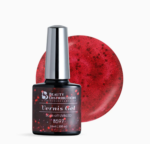 Vernis Semi-Permanent B597  L'Éclat Festif du Rouge Rubis Pailleté Beauty Distribution