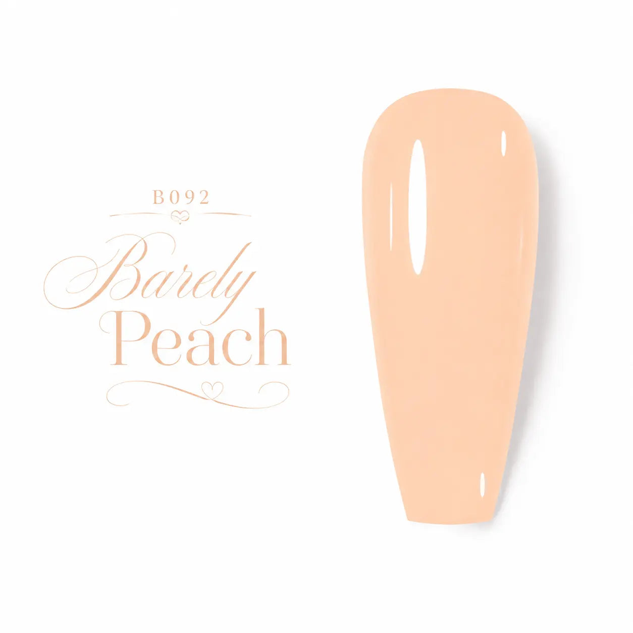 Vernis gel Barely Peach B092 Beauty Distribution, teinte pêche nude claire effet glossy, capsule couleur sur fond blanc pour manucure professionnelle UV/LED.
