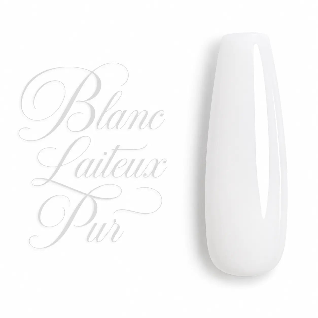 Blanc Laiteux Pur – Nuancier de gel UV professionnel sur capsule ballerine brillante, blanc laiteux pastel légèrement translucide à finition glossy crémeuse. Vernis semi-permanent haute pigmentation pour manucure, gainage, Nail Art, French manucure et pose en gel UV/LED. Couleur élégante, naturelle et lumineuse, idéale pour les prothésistes ongulaires et les instituts de beauté