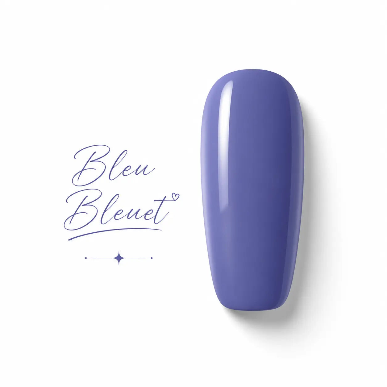 Vernis gel Bleu Bleuet Beauty Distribution, teinte bleu violet lumineuse effet glossy, capsule couleur sur fond blanc pour manucure professionnelle UV/LED.
