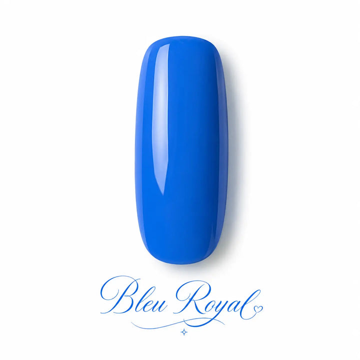 Capsule swatch vernis gel Bleu Royal Beauty Distribution, teinte bleu intense effet glossy, rendu packshot luxe sur fond blanc, couleur élégante et lumineuse pour manucure professionnelle, nail art chic et pose UV/LED.
