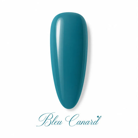 Vernis gel Bleu Canard Beauty Distribution, teinte bleu vert intense effet glossy, capsule couleur sur fond blanc pour manucure professionnelle UV/LED.
