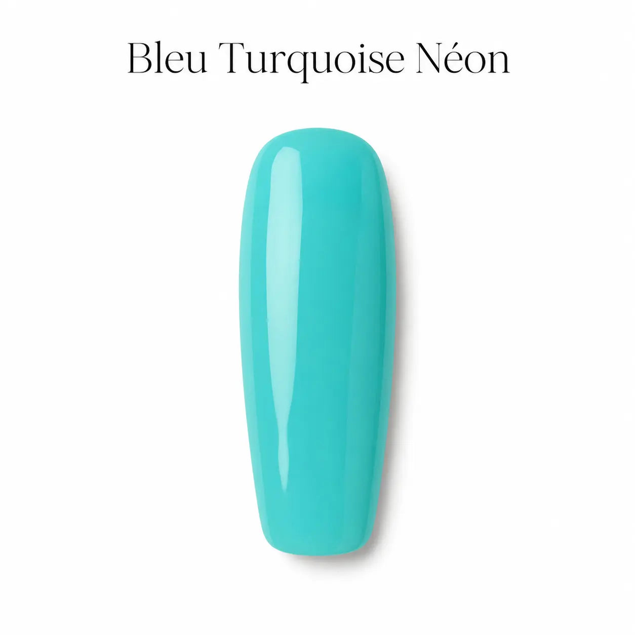 Capsule d’ongle Bleu Turquoise Néon Beauty Distribution, vernis gel turquoise néon brillant, rendu packshot luxe sur fond blanc pour manucure professionnelle et nail art.