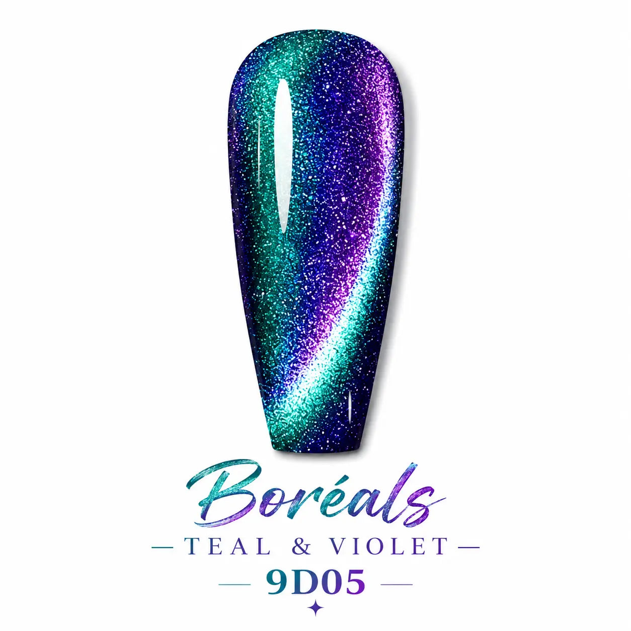 Boréals Teal & Violet 9D05 Beauty Distribution, vernis gel semi-permanent pailleté effet magnétique cat eye, reflets bleu, vert et violet, finition glossy pour manucure professionnelle.