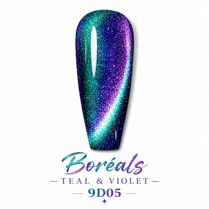 Boréals Teal & Violet 9D05 Beauty Distribution, vernis gel semi-permanent pailleté effet magnétique cat eye, reflets bleu, vert et violet, finition glossy pour manucure professionnelle.