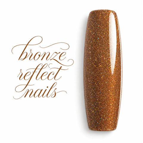 Capsule d’ongle ballerine longue couleur Bronze Reflect Nails, vernis semi-permanent bronze pailleté holographique ultra brillant pour manucure professionnelle.