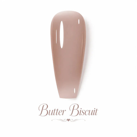 Vernis gel Butter Biscuit Beauty Distribution, teinte nude beige biscuit effet glossy, capsule couleur sur fond blanc pour manucure professionnelle UV/LED.