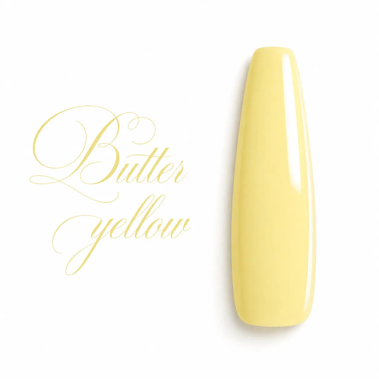 Capsule d’ongle ballerine Butter Yellow, jaune beurre pastel ultra brillant, nuancier vernis gel UV et semi-permanent Beauty Distribution.