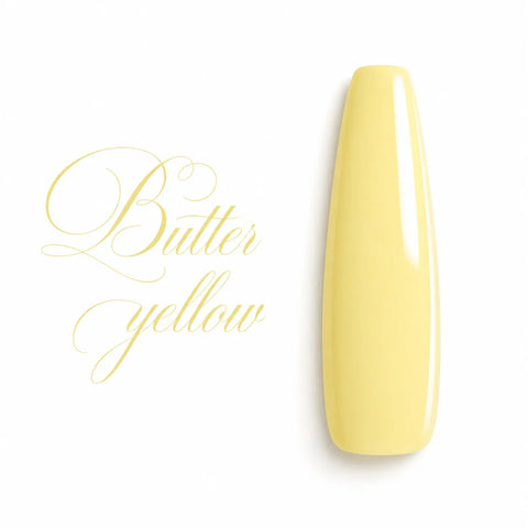Capsule d’ongle ballerine Butter Yellow, jaune beurre pastel ultra brillant, nuancier vernis gel UV et semi-permanent Beauty Distribution.