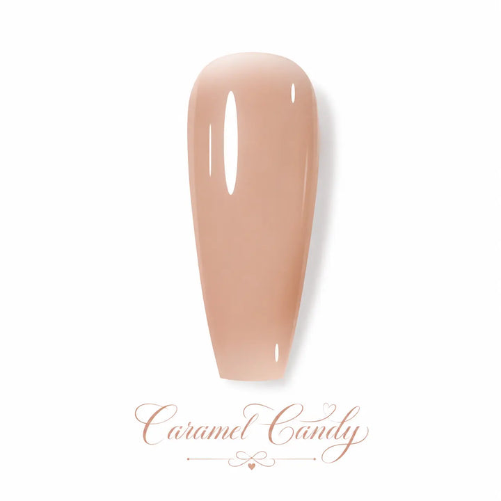 vernis gel Caramel Candy de Beauty Distribution, teinte nude caramel beige rosé, finition brillante, packshot luxe sur fond blanc pour prothésistes ongulaires.