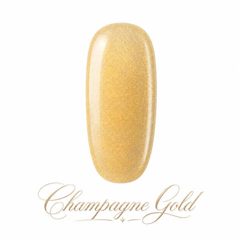 Vernis gel Champagne Gold Beauty Distribution, teinte dorée champagne pailletée effet glossy, capsule couleur scintillante sur fond blanc pour manucure professionnelle UV/LED.
