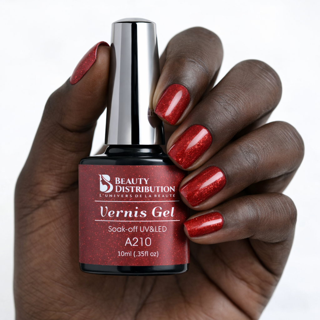 Vernis Semi-Permanent A210 – Rouge Étincelant &amp; Glamour