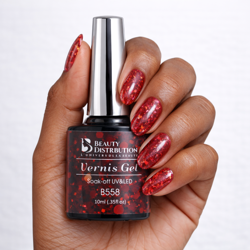 Vernis Semi-Permanent B558 – Ruby Sparkle : L’Éclat d’un Rouge Passion