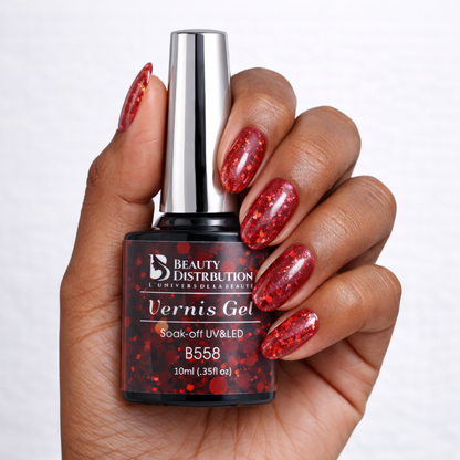Vernis Semi-Permanent B558 – Ruby Sparkle : L’Éclat d’un Rouge Passion