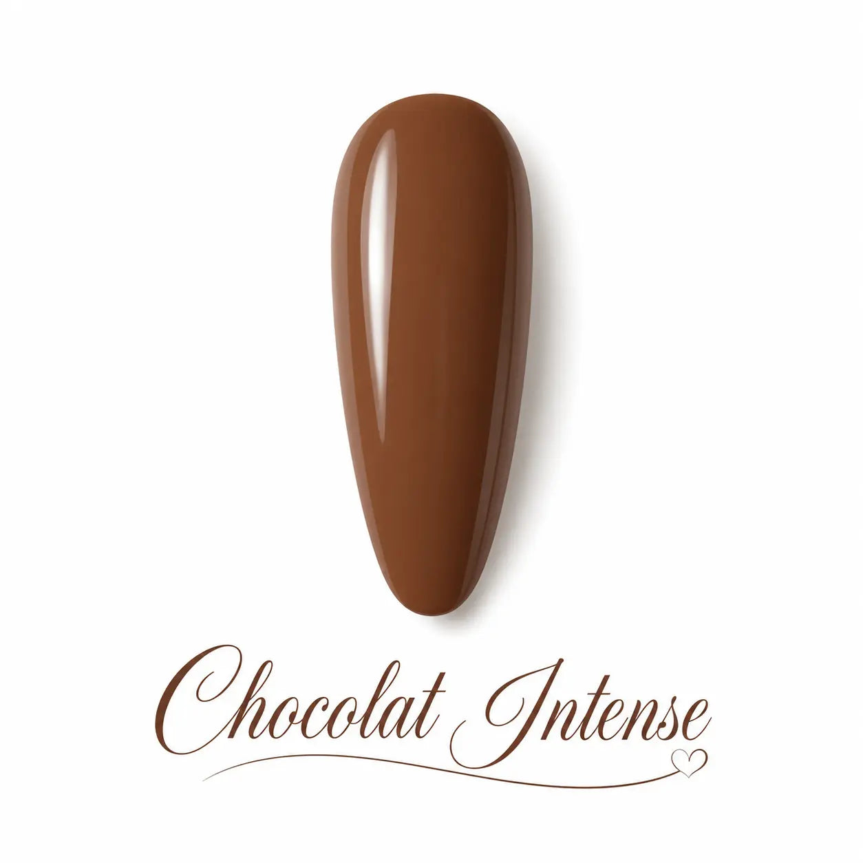 Capsule d’ongle Chocolat Intense Beauty Distribution, vernis gel marron chocolat brillant, teinte chaude et élégante, rendu packshot luxe sur fond blanc pour manucure professionnelle et nail art.