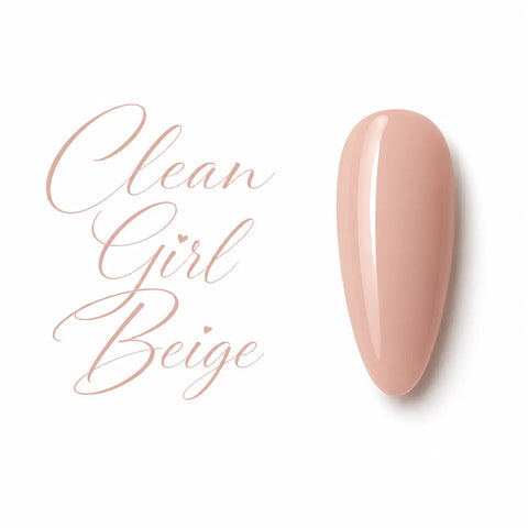 Capsule swatch vernis gel Clean Girl Beige Beauty Distribution, teinte nude beige poudré effet glossy, rendu élégant minimaliste sur fond blanc, idéal manucure clean girl, nail art chic et prothésiste ongulaire UV/LED.