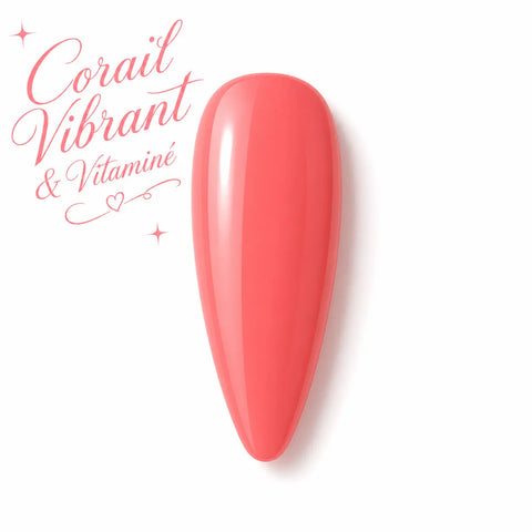 Vernis gel Corail Vibrant & Vitaminé Beauty Distribution, teinte corail lumineuse effet glossy, capsule couleur sur fond blanc pour manucure professionnelle UV/LED.
