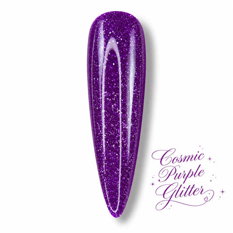 Vernis gel Cosmic Purple Glitter Beauty Distribution, teinte violet cosmique pailletée effet glossy, capsule couleur scintillante sur fond blanc pour manucure professionnelle UV/LED.
