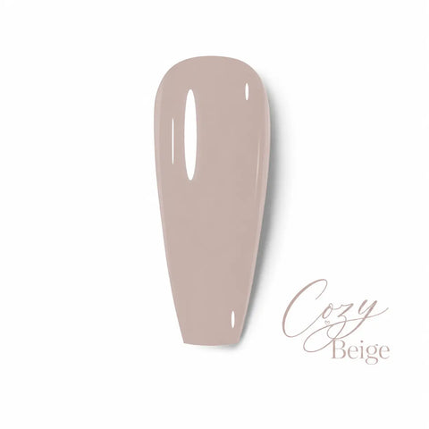 Vernis gel Cozy Beige Beauty Distribution, teinte nude beige chaude effet glossy, capsule couleur sur fond blanc pour manucure professionnelle UV/LED.
