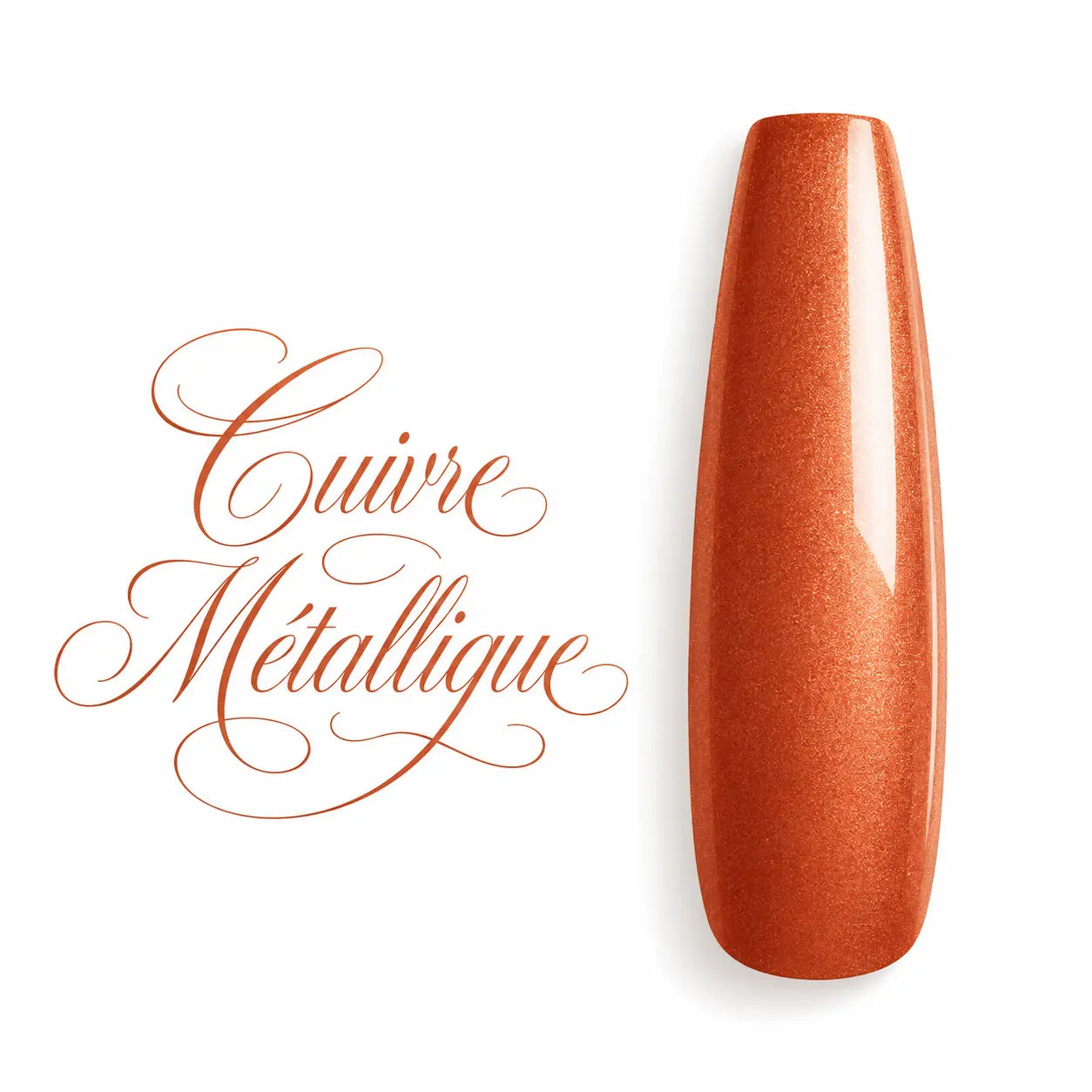 Capsule d’ongle ballerine longue en vernis gel UV cuivre métallique, finition brillante et nacrée, présentée sur fond blanc avec le nom Cuivre Métallique.