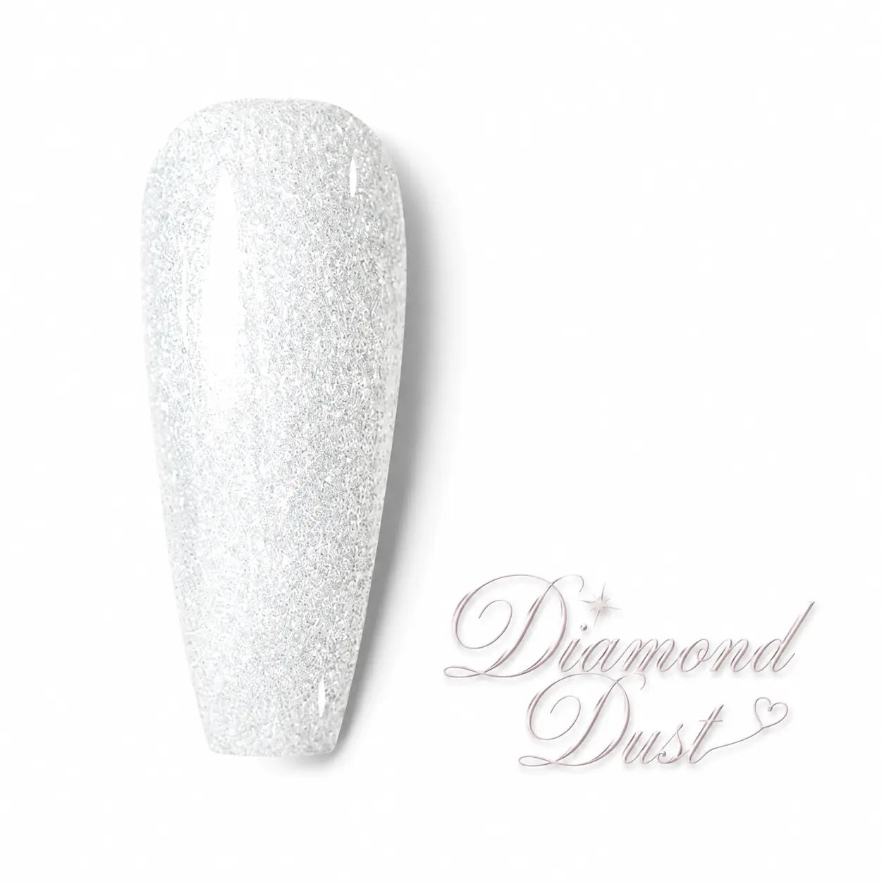 Vernis gel Diamond Dust Beauty Distribution, teinte blanc argenté pailleté effet diamant, capsule couleur scintillante sur fond blanc pour manucure professionnelle UV/LED.
