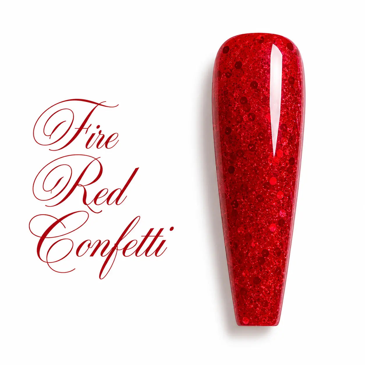 Capsule d’ongle ballerine longue Fire Red Confetti, rouge vif translucide à paillettes, finition vernis gel UV ultra brillante sur fond blanc.