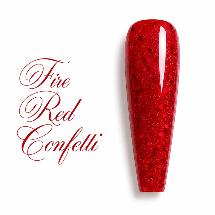Capsule d’ongle ballerine longue Fire Red Confetti, rouge vif translucide à paillettes, finition vernis gel UV ultra brillante sur fond blanc.