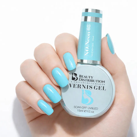 Flacon de vernis semi-permanent bleu cyan Neon 08 Beauty Distribution, idéal pour manucure russe et effet Cloud Nails, 15ml.