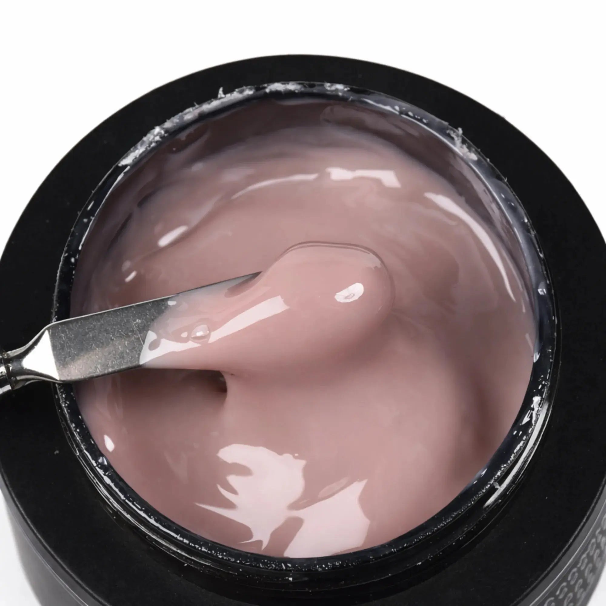Gel de construction Master Thixo Velvet Beige Beauty Distribution, builder gel beige rosé épais et brillant en pot, texture thixotrope sur spatule, idéal gainage, extension d’ongles et manucure professionnelle.