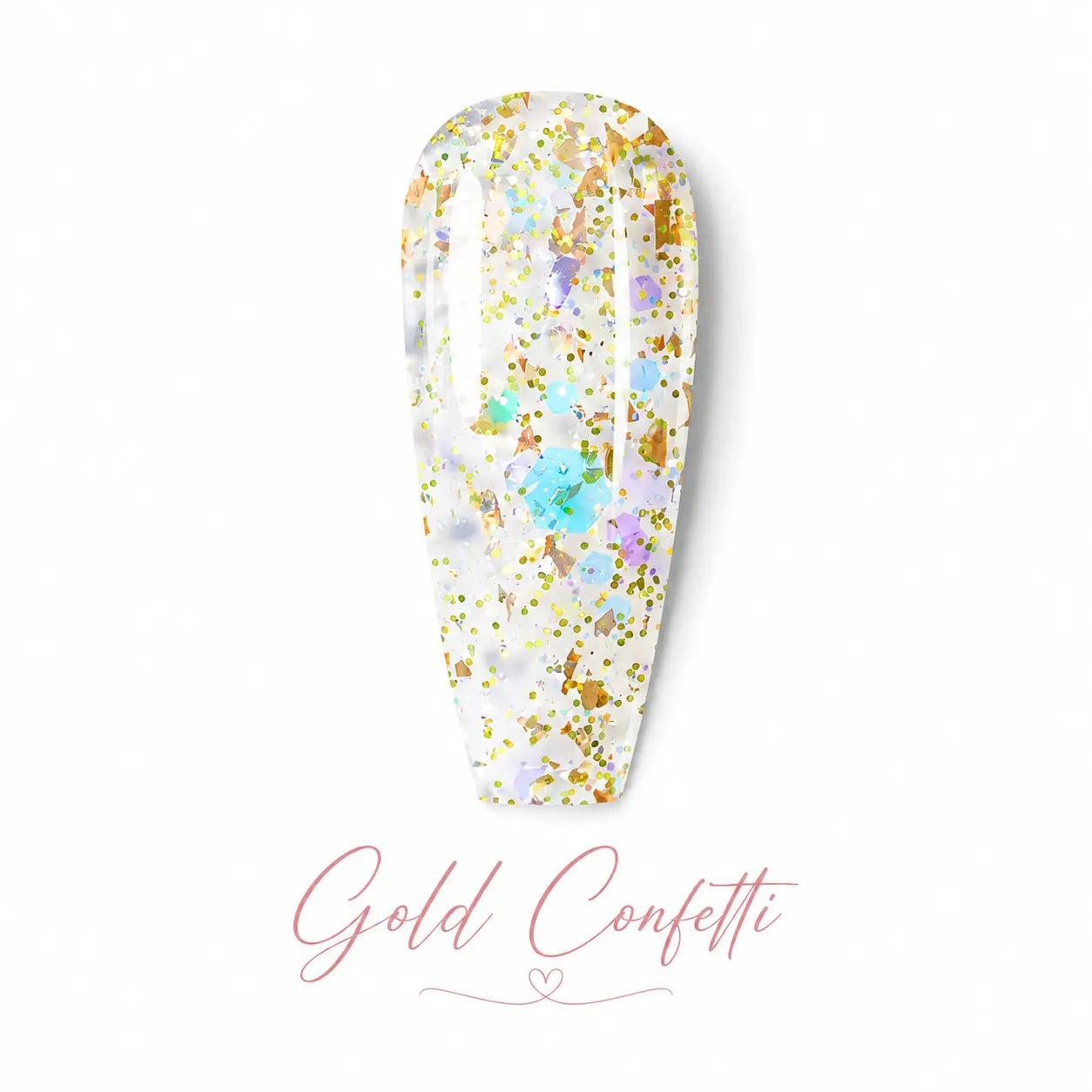 Vernis gel Gold Confetti Beauty Distribution, teinte transparente avec confettis dorés et éclats multicolores, finition glossy scintillante, capsule couleur sur fond blanc pour manucure professionnelle UV/LED.