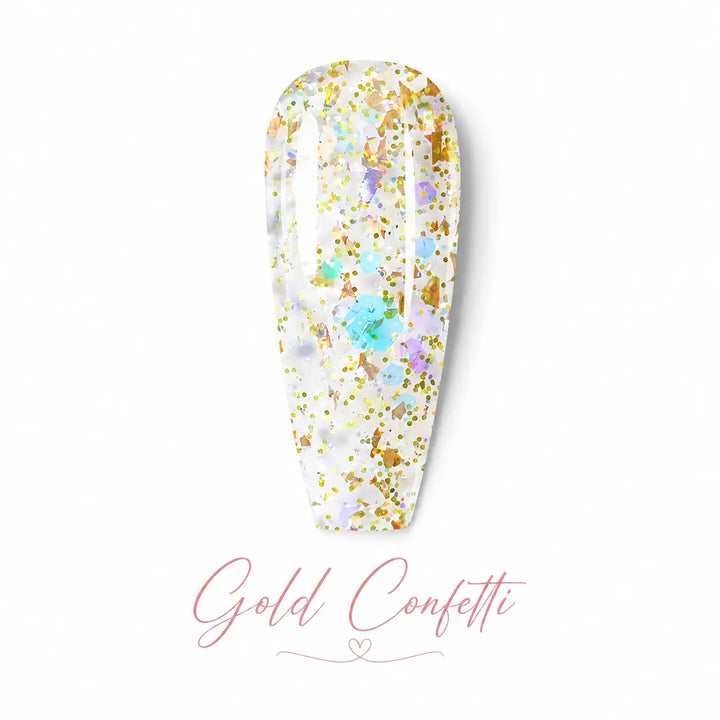 Vernis gel Gold Confetti Beauty Distribution, teinte transparente avec confettis dorés et éclats multicolores, finition glossy scintillante, capsule couleur sur fond blanc pour manucure professionnelle UV/LED.