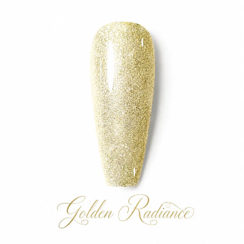 Vernis gel Golden Radiance Beauty Distribution, teinte dorée pailletée effet lumineux, capsule couleur sur fond blanc pour manucure professionnelle UV/LED.

