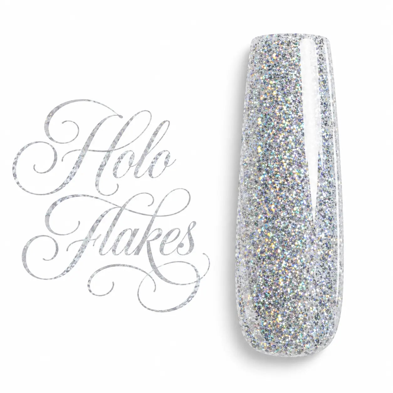 Capsule d’ongle ballerine Holo Flakes, gel UV LED argenté holographique aux éclats multicolores, finition ultra brillante sur fond blanc.