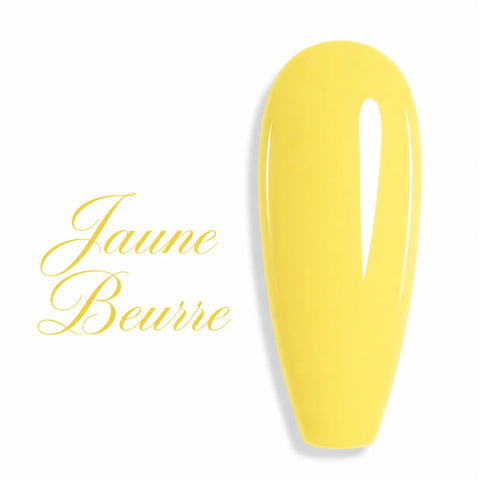 Nuancier de vernis semi-permanent professionnel couleur jaune beurre crémeux pastel brillant pour prothésiste ongulaire, marque Beauty Distribution.