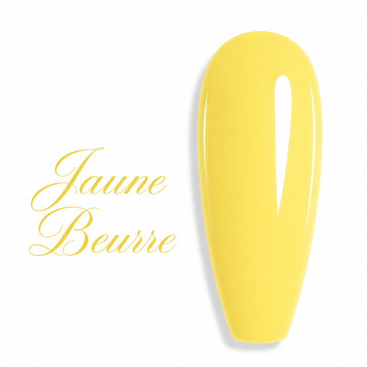 Nuancier de vernis semi-permanent professionnel couleur jaune beurre crémeux pastel brillant pour prothésiste ongulaire, marque Beauty Distribution.