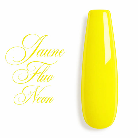 Capsule ongulaire ballerine Jaune Fluo Neon ultra brillante, nuancier de vernis gel UV et semi-permanent professionnel sur fond blanc.