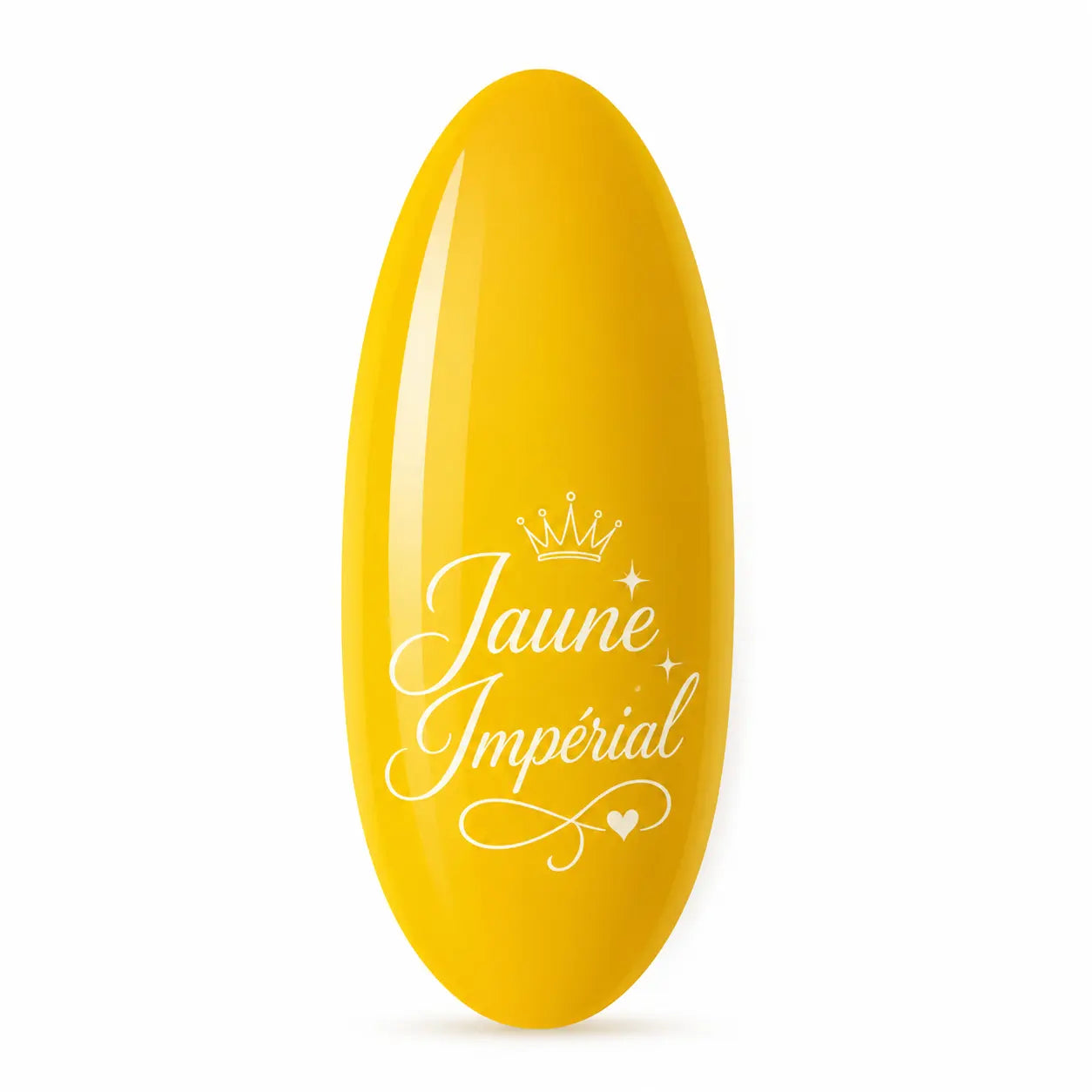 Capsule ongle amande longue Jaune Impérial, vernis gel jaune intense ultra brillant, teinte solaire élégante pour manucure professionnelle Beauty Distribution.
