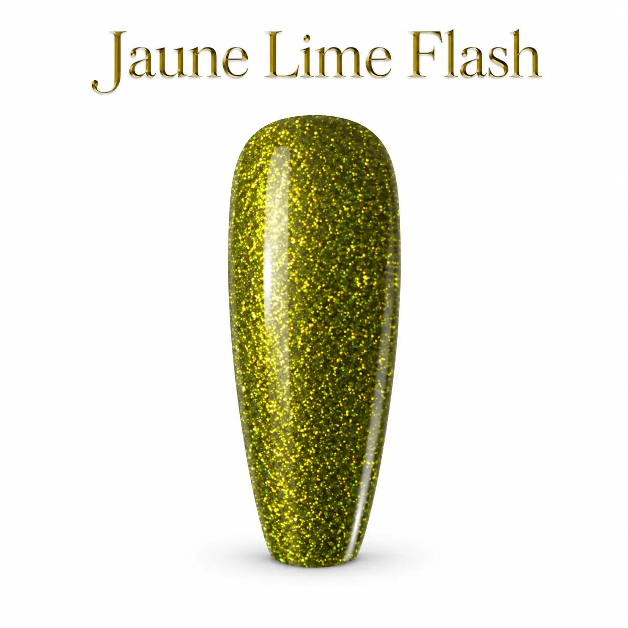 Capsule d’ongle Jaune Lime Flash Beauty Distribution, vernis gel jaune lime scintillant effet neon reflect, paillettes intenses, rendu packshot luxe sur fond blanc pour manucure professionnelle et nail art.
