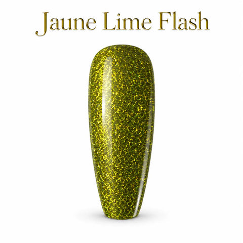 Capsule d’ongle Jaune Lime Flash Beauty Distribution, vernis gel jaune lime scintillant effet neon reflect, paillettes intenses, rendu packshot luxe sur fond blanc pour manucure professionnelle et nail art.
