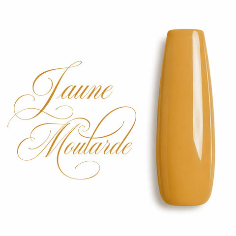 Capsule d’ongle ballerine longue couleur Jaune Moutarde, finition ultra brillante et glossy, visuel premium de vernis gel UV semi-permanent