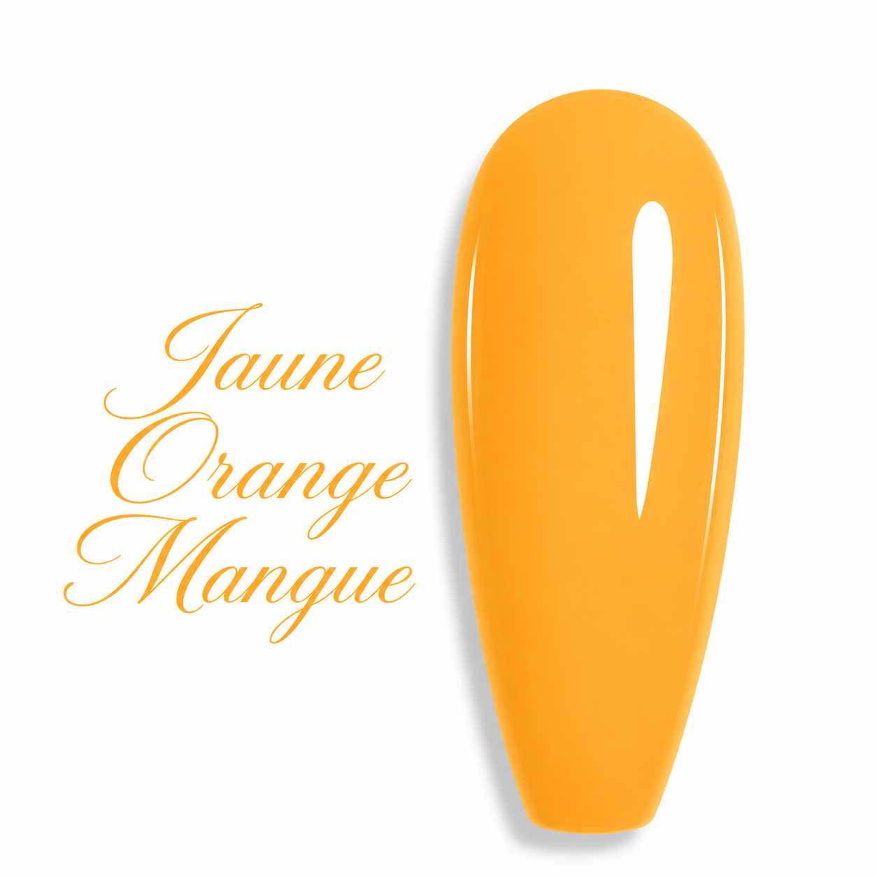 Nuancier de vernis semi-permanent professionnel couleur jaune orange mangue chaud et brillant pour prothésiste ongulaire, marque Beauty Distribution.