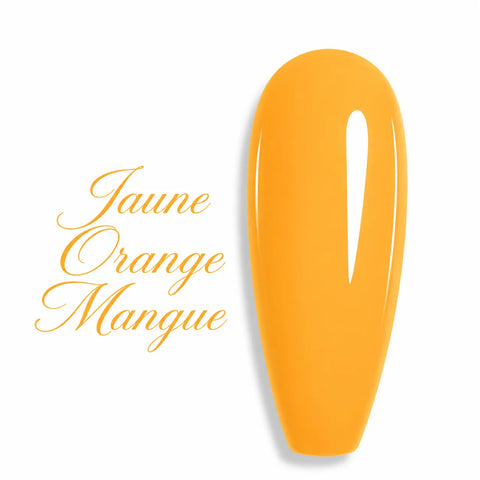 Nuancier de vernis semi-permanent professionnel couleur jaune orange mangue chaud et brillant pour prothésiste ongulaire, marque Beauty Distribution.