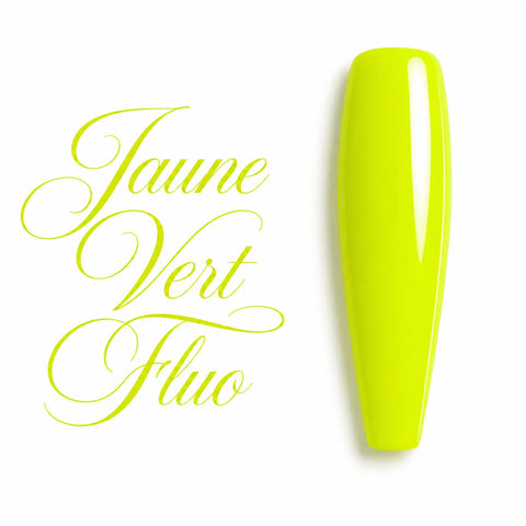 Capsule d’ongle ballerine Jaune Vert Fluo, finition glossy ultra brillante, teinte néon intense pour gel UV et vernis semi-permanent professionnel.