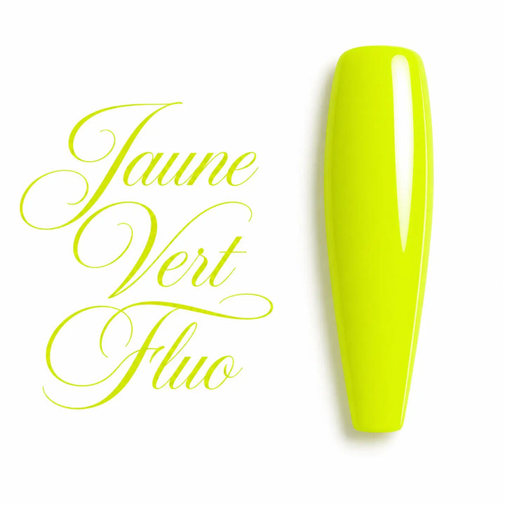 Capsule d’ongle ballerine Jaune Vert Fluo, finition glossy ultra brillante, teinte néon intense pour gel UV et vernis semi-permanent professionnel.